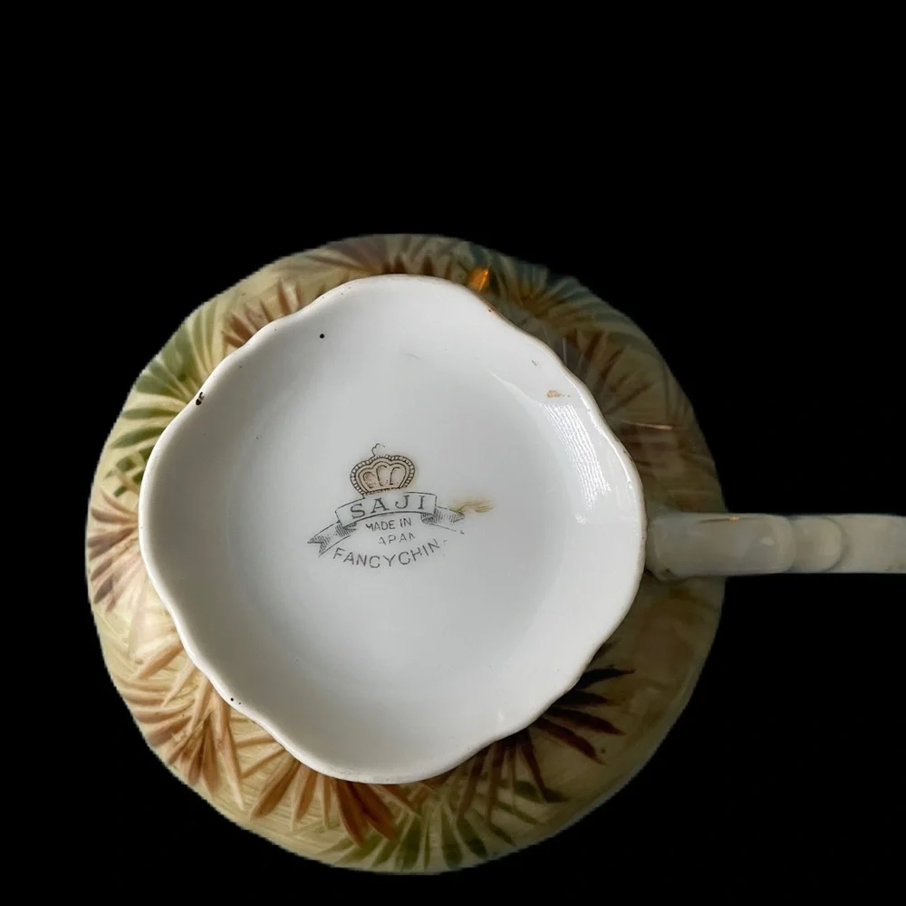Saji Wild Cactus Yellow Flower Brown Tea Cup Saucer Made in Japan Hand Painted